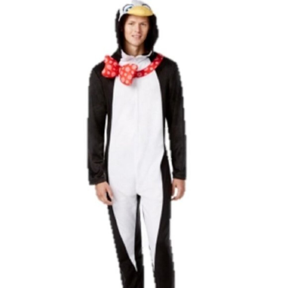 Briefly Stated Penguin Fleece Hooded Onesie Pajama Holiday Costume Unisex Medium
